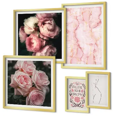 Set of 5 wall art pieces Pink flowers boho style