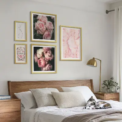 Pink flowers boho style wall art set of 5 pieces