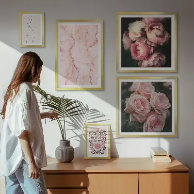Pink flowers boho style wall art set of 5 pieces