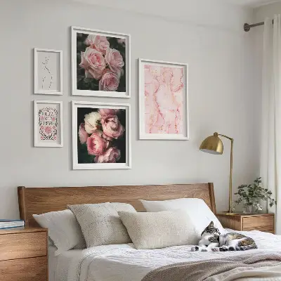 Pink flowers boho style wall art set of 5 pieces