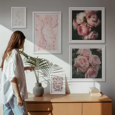 Set of 5 wall art pieces Pink flowers boho style