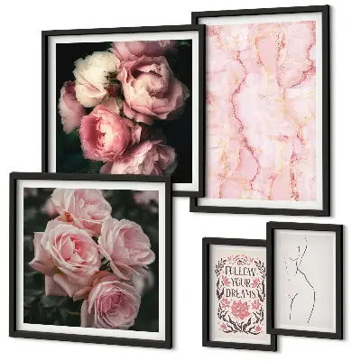 Set of 5 wall art pieces Pink flowers boho style