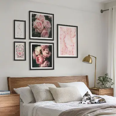 Set of 5 wall art pieces Pink flowers boho style