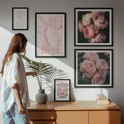 Set of 5 wall art pieces Pink flowers boho style