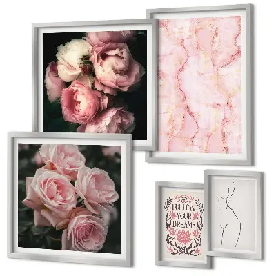 Pink flowers boho style wall art set of 5 pieces