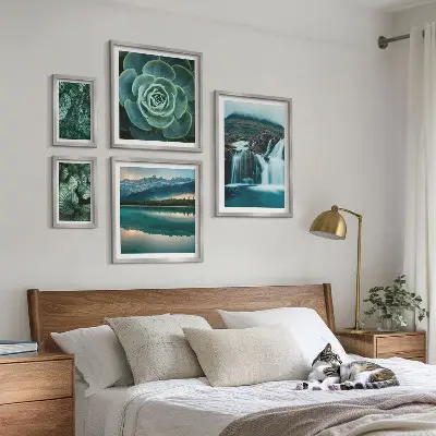 Framed photo set green plants and waterfalls nature theme