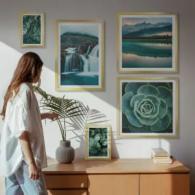 Framed photo set green plants and waterfalls nature theme