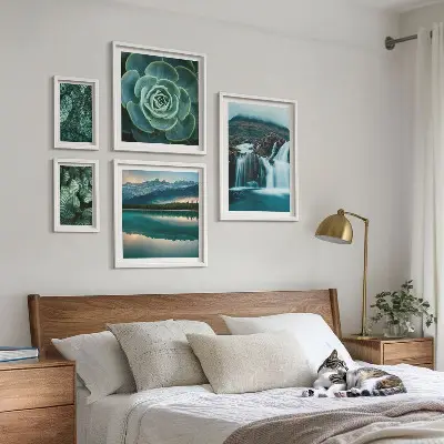 Framed photo set green plants and waterfalls nature theme