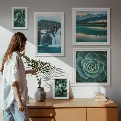 Framed photo set green plants and waterfalls nature theme