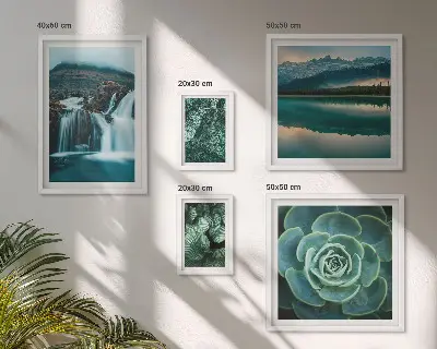 Framed photo set green plants and waterfalls nature theme