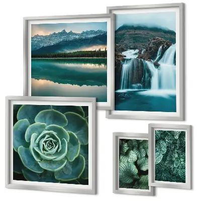 Framed photo set green plants and waterfalls nature theme