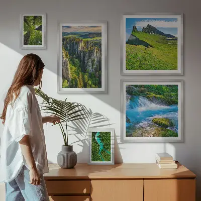 Set of 5 wall art pieces depicting landscapes of mountains, rivers, and forests