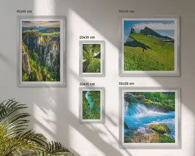 Set of 5 wall art pieces depicting landscapes of mountains, rivers, and forests