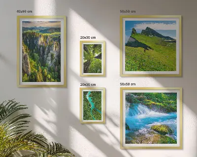Set of 5 wall art pieces depicting landscapes of mountains, rivers, and forests