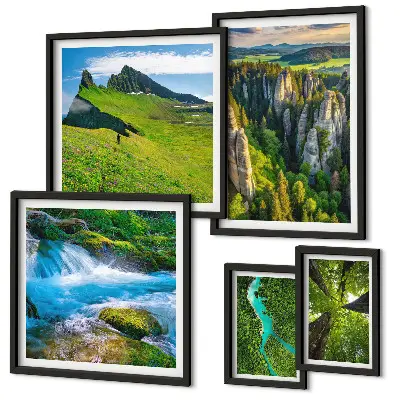 Set of 5 wall art pieces depicting landscapes of mountains, rivers, and forests
