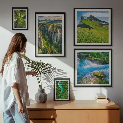 Set of 5 wall art pieces depicting landscapes of mountains, rivers, and forests
