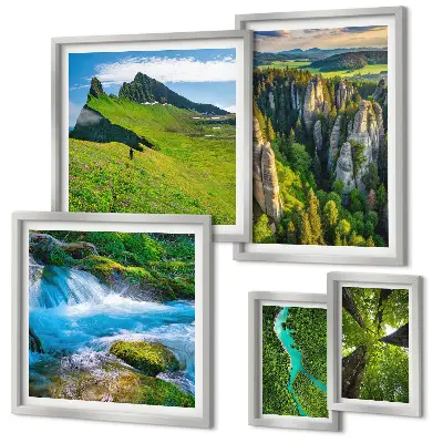 Set of 5 wall art pieces depicting landscapes of mountains, rivers, and forests