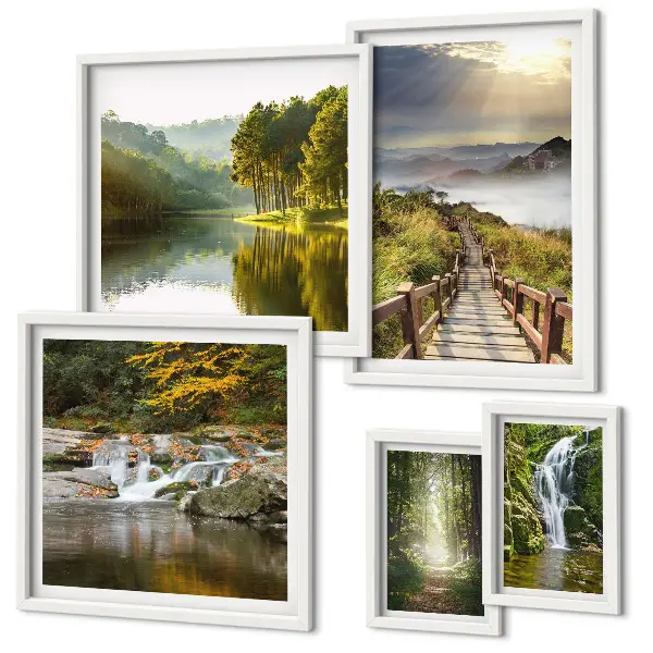 Set of 5 wall art pieces natural landscapes featuring waterfalls and forest paths