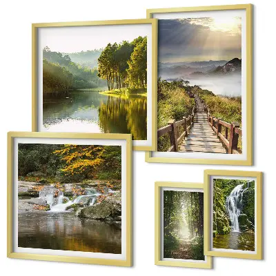 Set of 5 wall art pieces Natural landscapes waterfalls forest paths