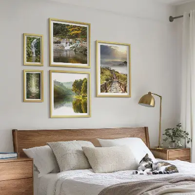 Set of 5 wall art pieces natural landscapes featuring waterfalls and forest paths