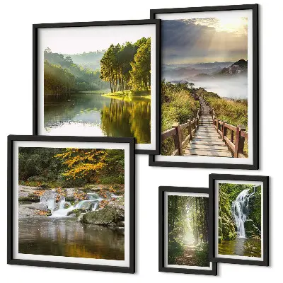 Set of 5 wall art pieces Natural landscapes waterfalls forest paths