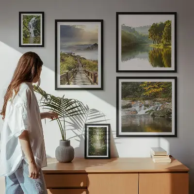 Set of 5 wall art pieces Natural landscapes waterfalls forest paths