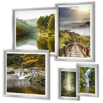 Set of 5 wall art pieces Natural landscapes waterfalls forest paths