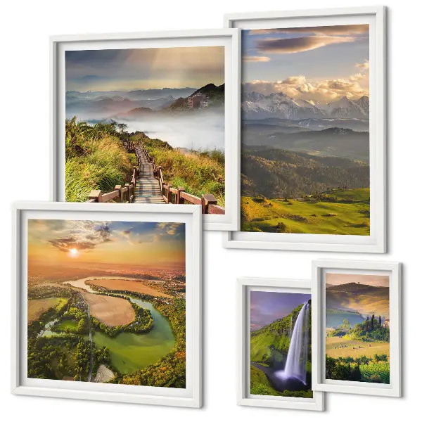 Framed photo set mountain landscapes and waterfalls