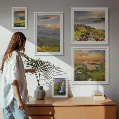 Framed photo set mountain landscapes and waterfalls