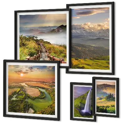 Framed photo set mountain landscapes and waterfalls