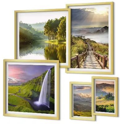Gallery wall featuring landscapes, waterfalls, and mountains