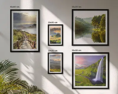 Gallery wall featuring landscapes, waterfalls, and mountains