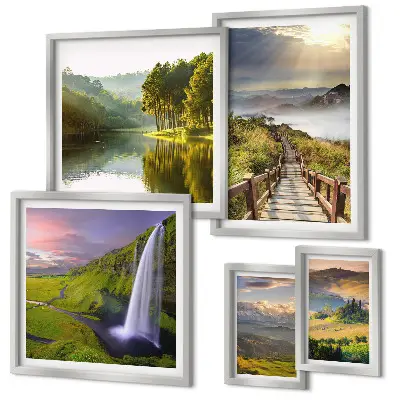 Gallery wall featuring landscapes, waterfalls, and mountains