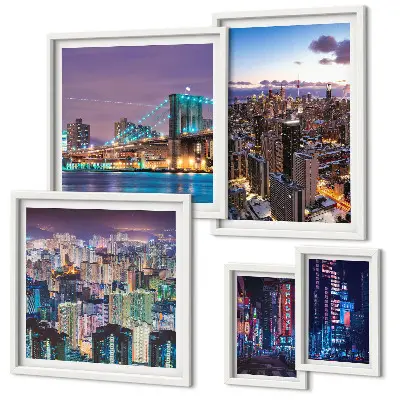 Set of 5 wall art pieces City nightscapes of neon lights