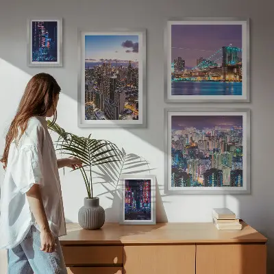 Set of 5 wall art pieces City nightscapes of neon lights