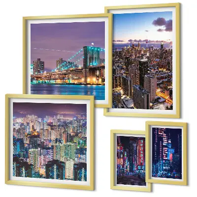Set of 5 wall art pieces City nightscapes of neon lights