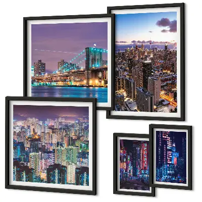 Set of 5 wall art pieces City nightscapes of neon lights