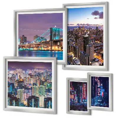Set of 5 wall art pieces City nightscapes of neon lights