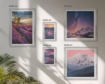 Gallery wall landscapes of nature featuring lavender mountains