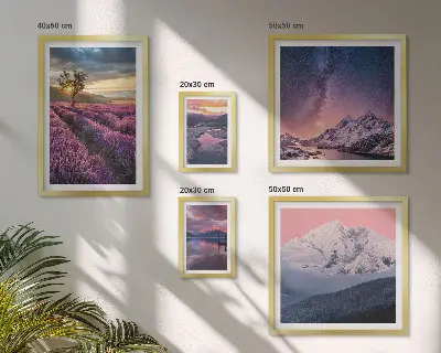 Gallery wall landscapes of nature featuring lavender mountains