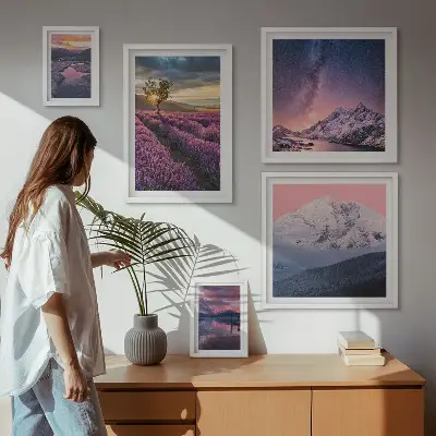 Gallery wall landscapes of nature featuring lavender mountains