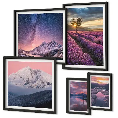 Gallery wall landscapes of nature featuring lavender mountains