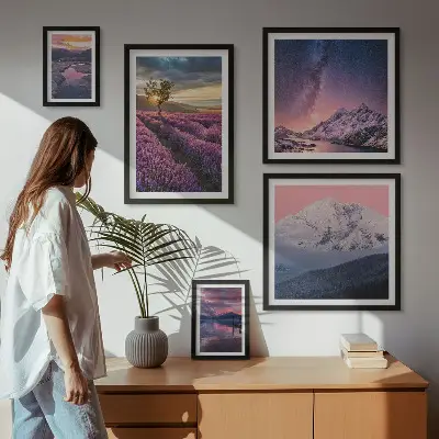 Gallery wall landscapes of nature featuring lavender mountains