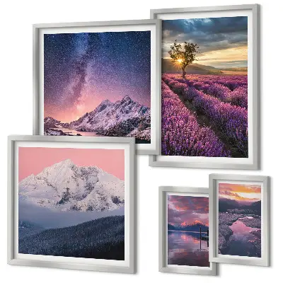 Gallery wall landscapes of nature featuring lavender mountains