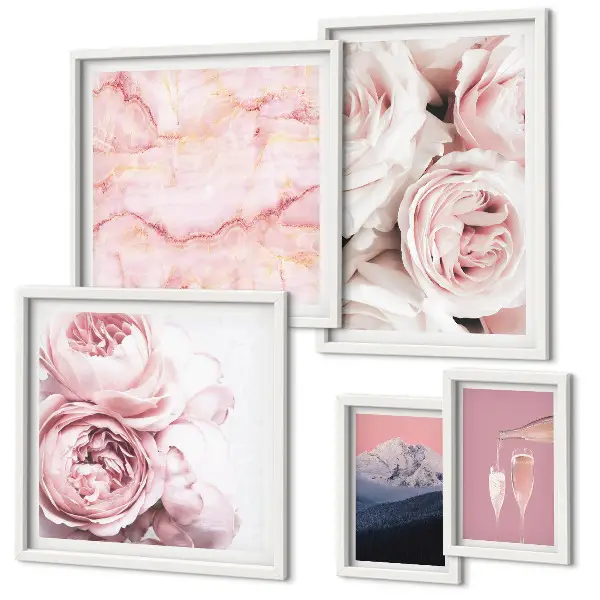 Set of 5 wall art pieces Pink flowers elegant accent