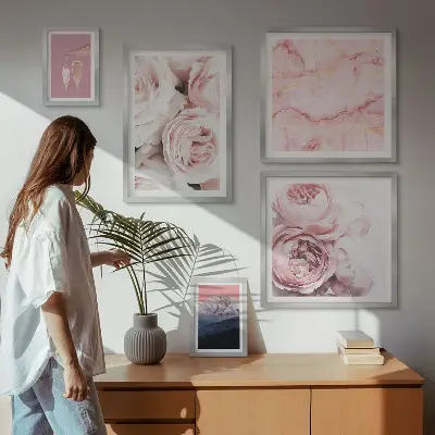 Set of 5 wall art pieces Pink flowers elegant accent