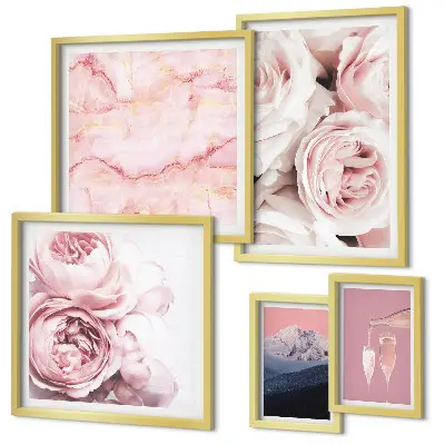 Set of 5 wall art pieces Pink flowers elegant accent