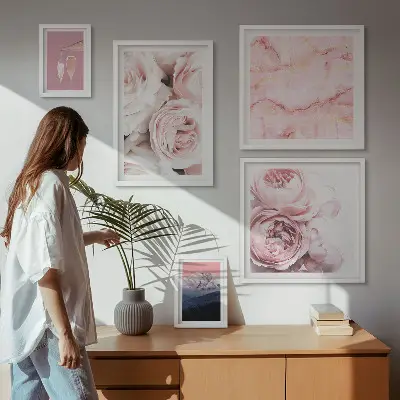 Set of 5 wall art pieces Pink flowers elegant accent