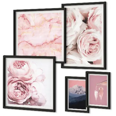 Set of 5 wall art pieces Pink flowers elegant accent