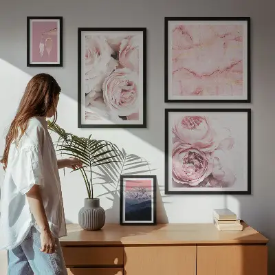 Set of 5 wall art pieces Pink flowers elegant accent
